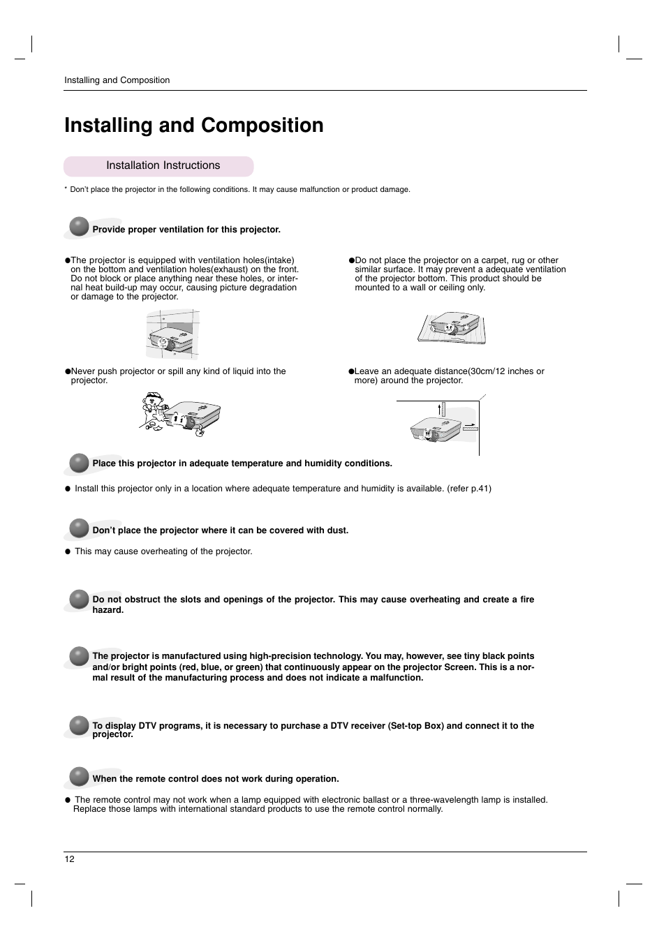 Installing and composition, Installation instructions | LG DX630-JD User Manual | Page 12 / 42