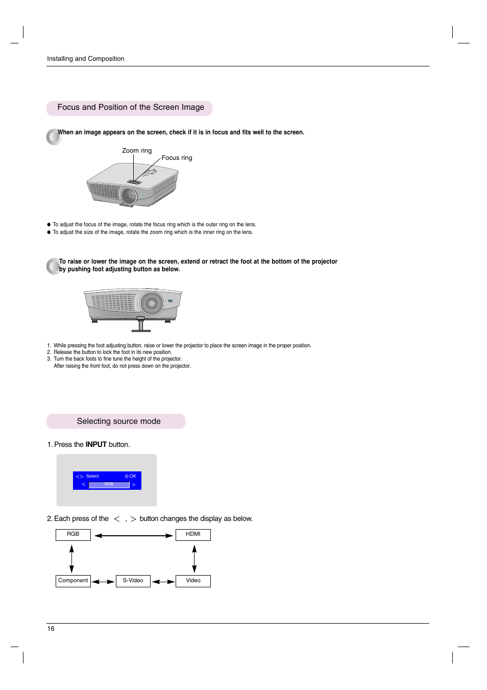Focus and position of the screen image, Selecting source mode | LG DX630-JD User Manual | Page 16 / 42