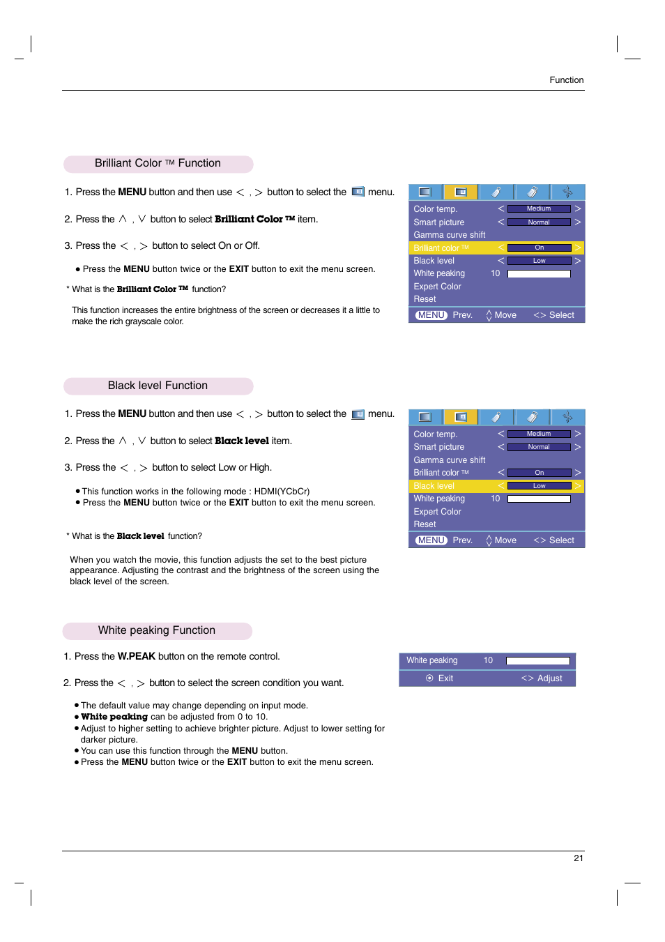 Brilliant color tm function, Black level function, White peaking function | Brilliant color, Function | LG DX630-JD User Manual | Page 21 / 42