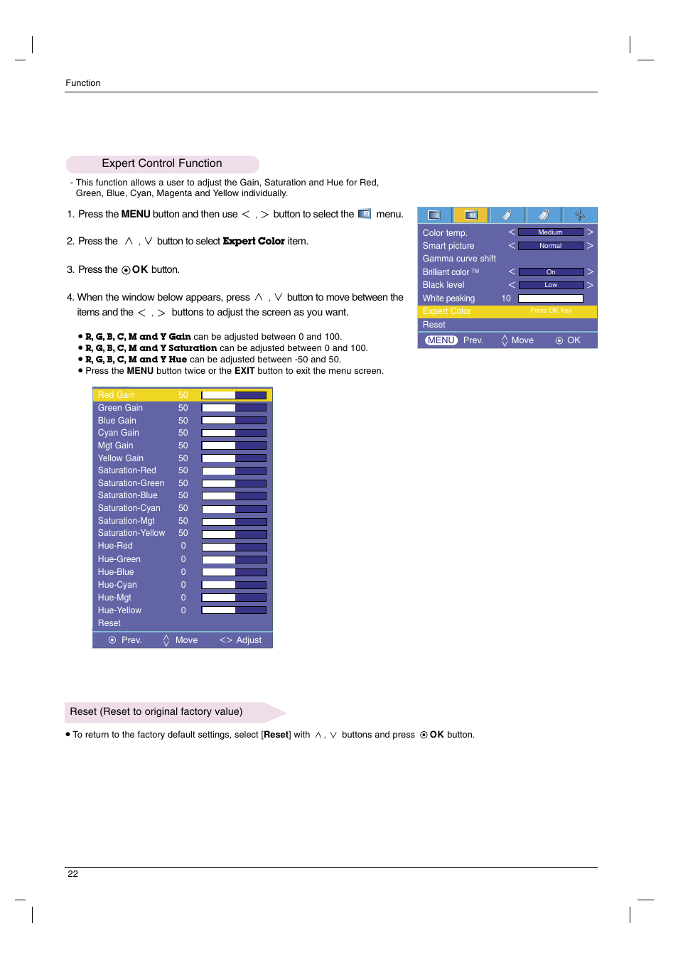 Expert control function, Reset (reset to original factory value) | LG DX630-JD User Manual | Page 22 / 42