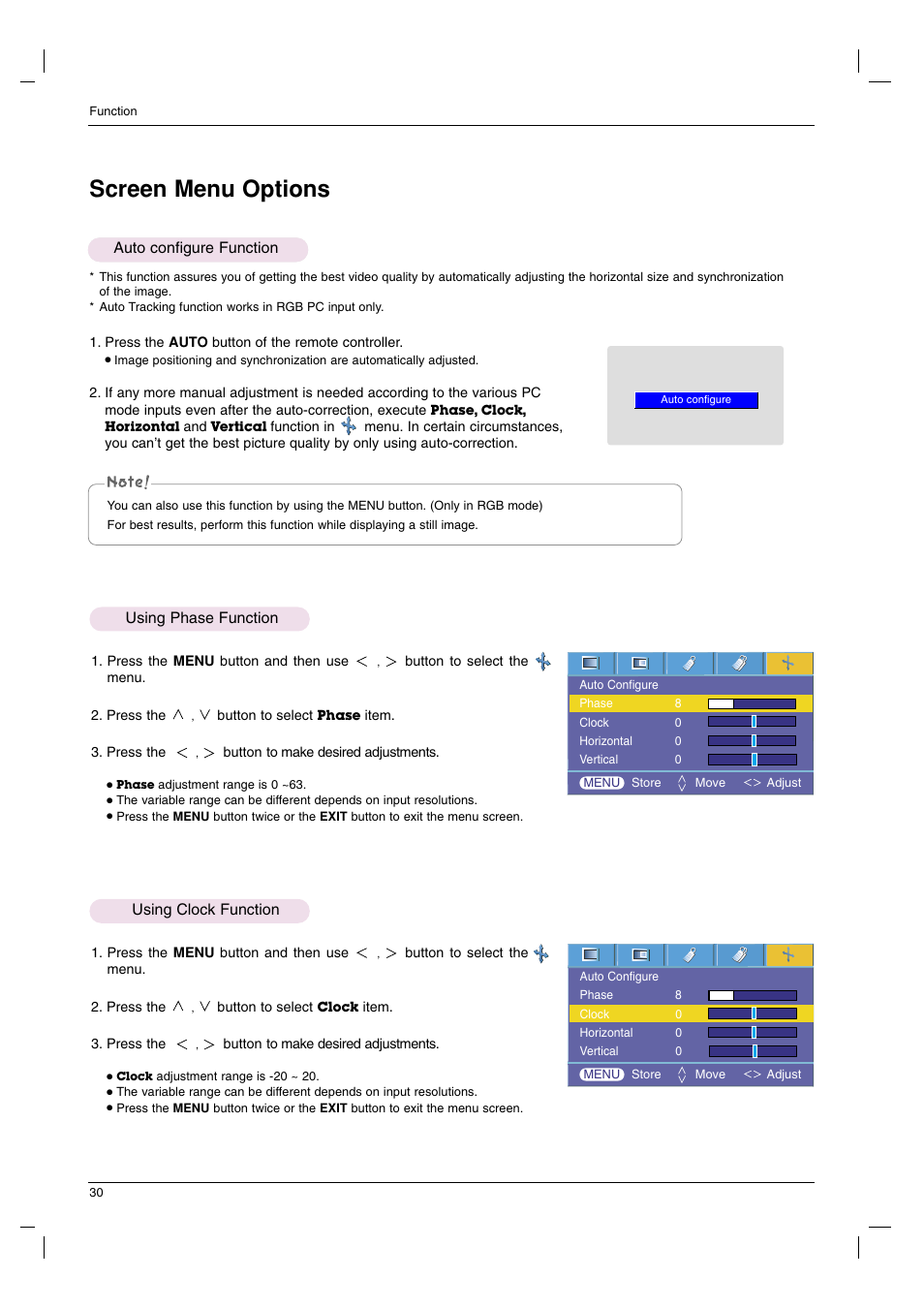 Screen menu options, Auto configure function, Using phase function | Using clock function, Using clock function using phase function | LG DX630-JD User Manual | Page 30 / 42