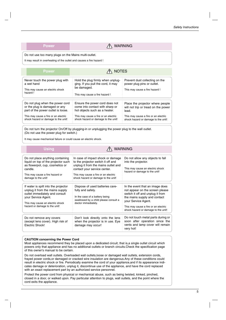 Using warning, Power warning | LG DX630-JD User Manual | Page 5 / 42