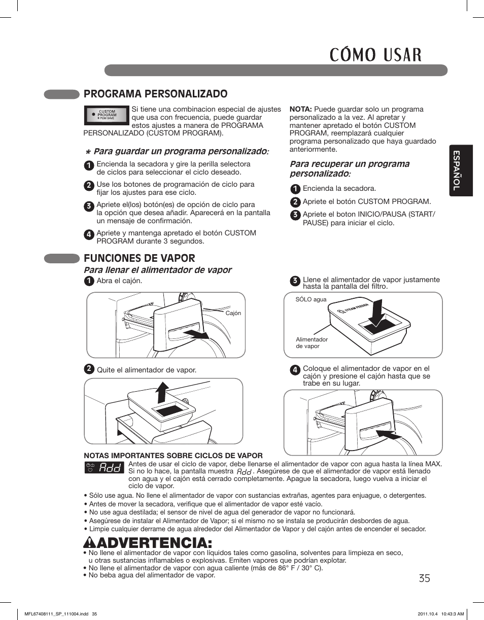 Wadvertencia, Programa personalizado, Funciones de vapor | LG DLGX2651R User Manual | Page 83 / 100