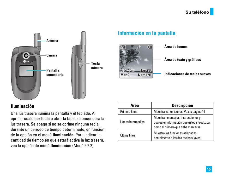 Información en la pantalla, Iluminación | LG LG225 User Manual | Page 105 / 182