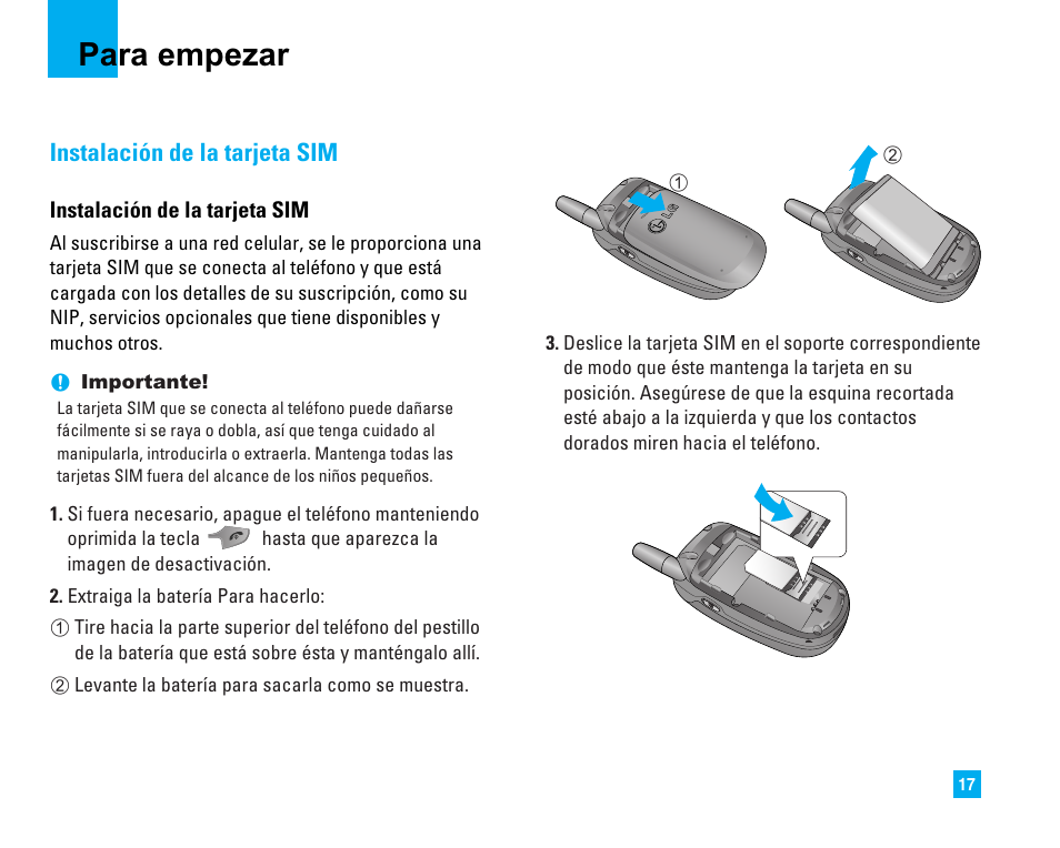 Para empezar, Instalación de la tarjeta sim | LG LG225 User Manual | Page 107 / 182