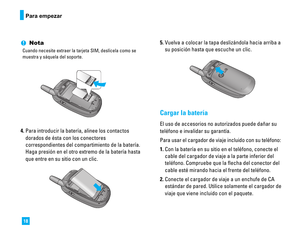 Cargar la batería | LG LG225 User Manual | Page 108 / 182