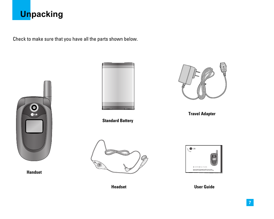 Unpacking | LG LG225 User Manual | Page 11 / 182