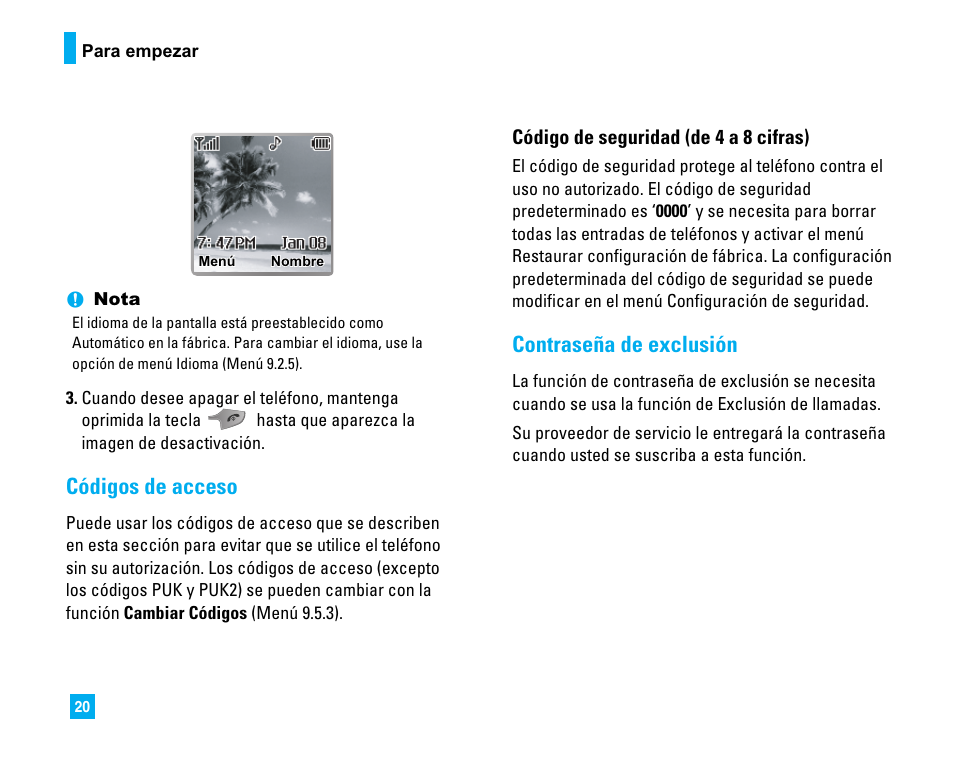 Códigos de acceso, Contraseña de exclusión | LG LG225 User Manual | Page 110 / 182