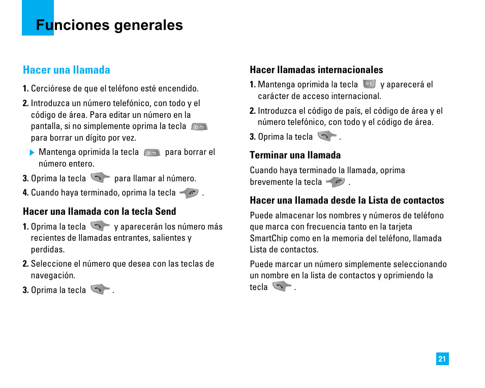 Funciones generales, Hacer una llamada | LG LG225 User Manual | Page 111 / 182