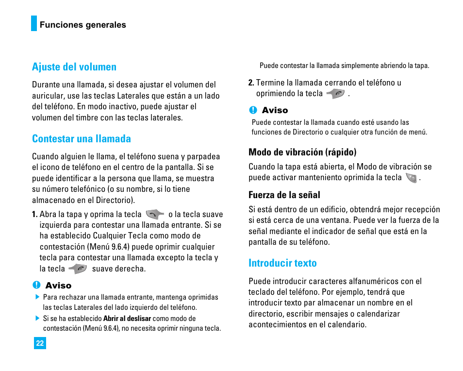 Ajuste del volumen, Contestar una llamada, Introducir texto | LG LG225 User Manual | Page 112 / 182