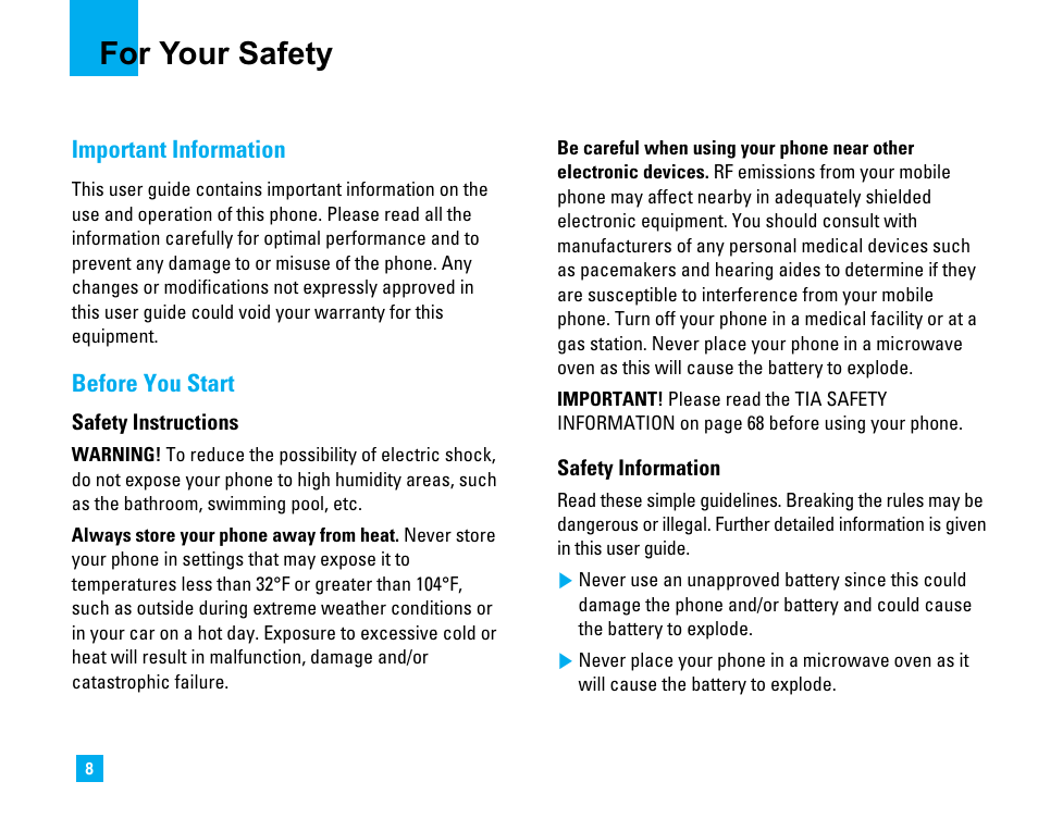 For your safety | LG LG225 User Manual | Page 12 / 182