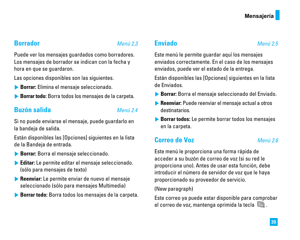 Borrador, Buzón salida, Enviado | Correo de voz | LG LG225 User Manual | Page 129 / 182
