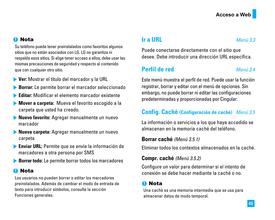 Ir a url, Perfil de red, Config. caché | LG LG225 User Manual | Page 135 / 182