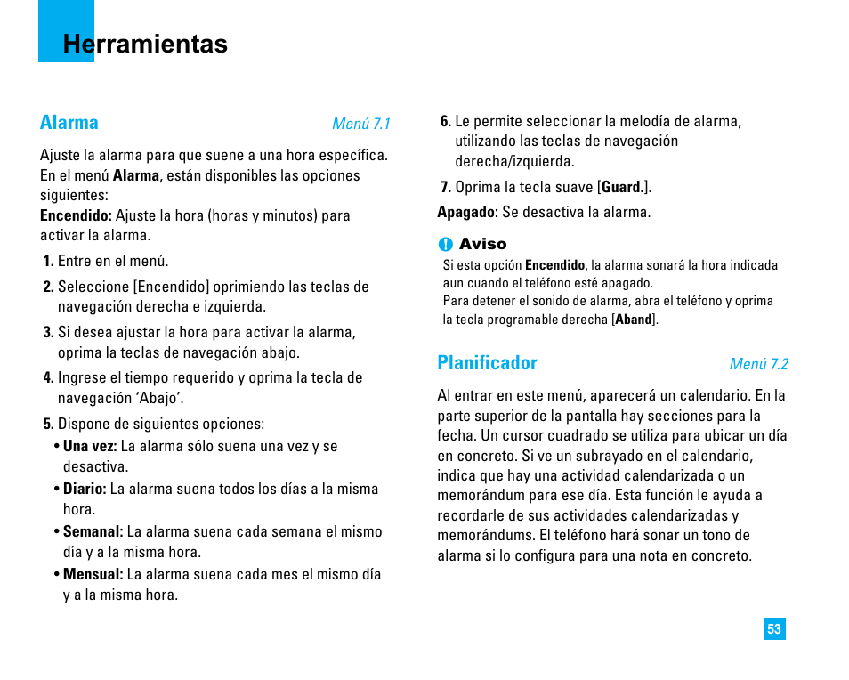 Herramientas, Alarma, Planificador | LG LG225 User Manual | Page 143 / 182