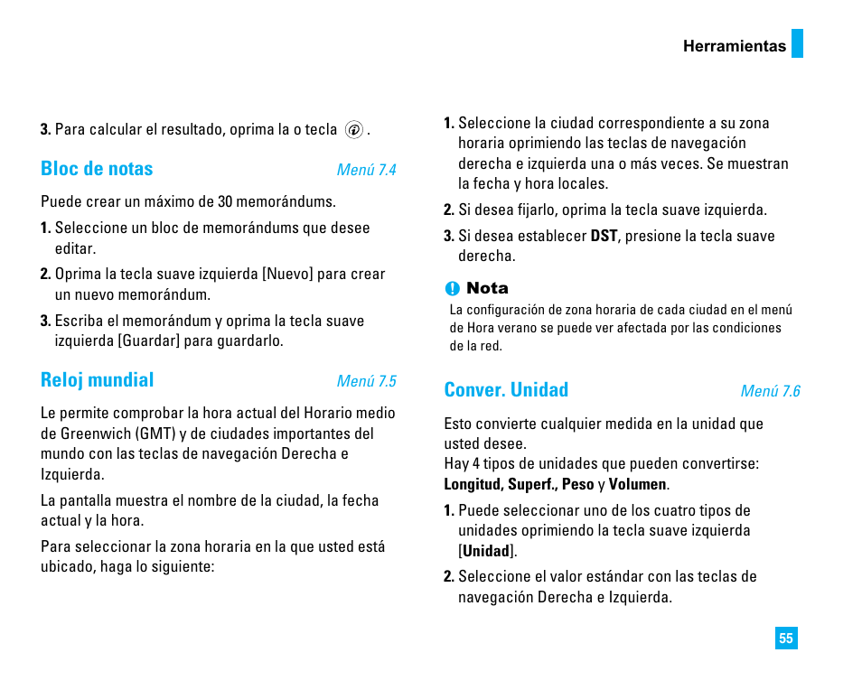 Bloc de notas, Reloj mundial, Conver. unidad | LG LG225 User Manual | Page 145 / 182