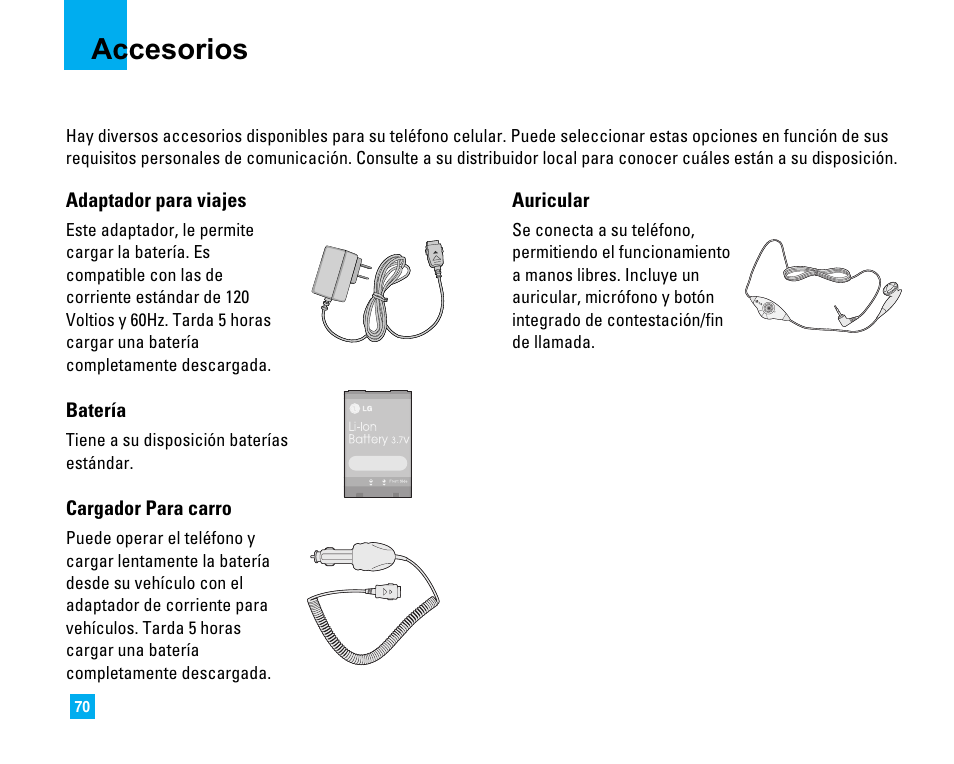 Accesorios | LG LG225 User Manual | Page 160 / 182