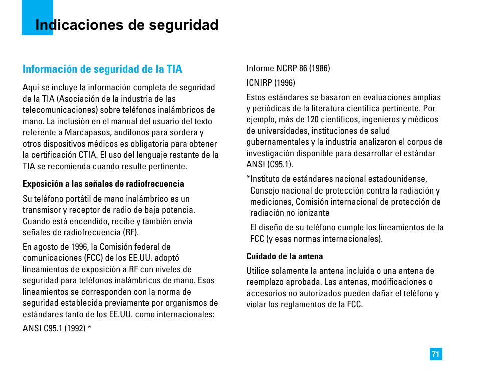 Indicaciones de seguridad, Información de seguridad de la tia | LG LG225 User Manual | Page 161 / 182