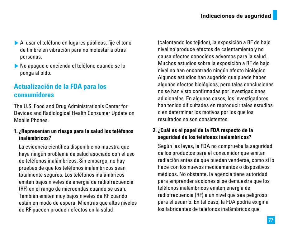 Actualización de la fda para los consumidores | LG LG225 User Manual | Page 167 / 182