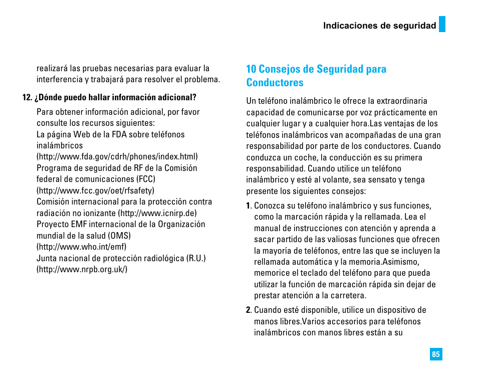 10 consejos de seguridad para conductores | LG LG225 User Manual | Page 175 / 182