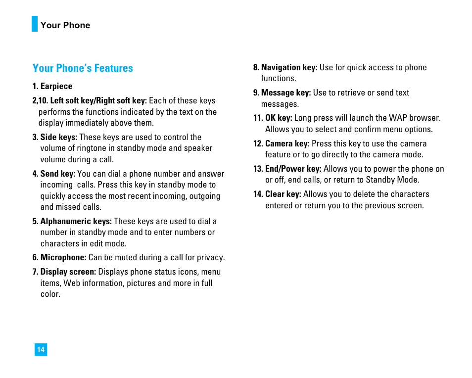 Your phone’s features | LG LG225 User Manual | Page 18 / 182