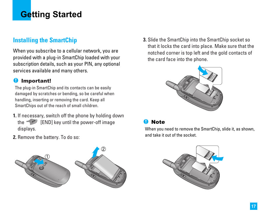 Getting started, Installing the smartchip | LG LG225 User Manual | Page 21 / 182