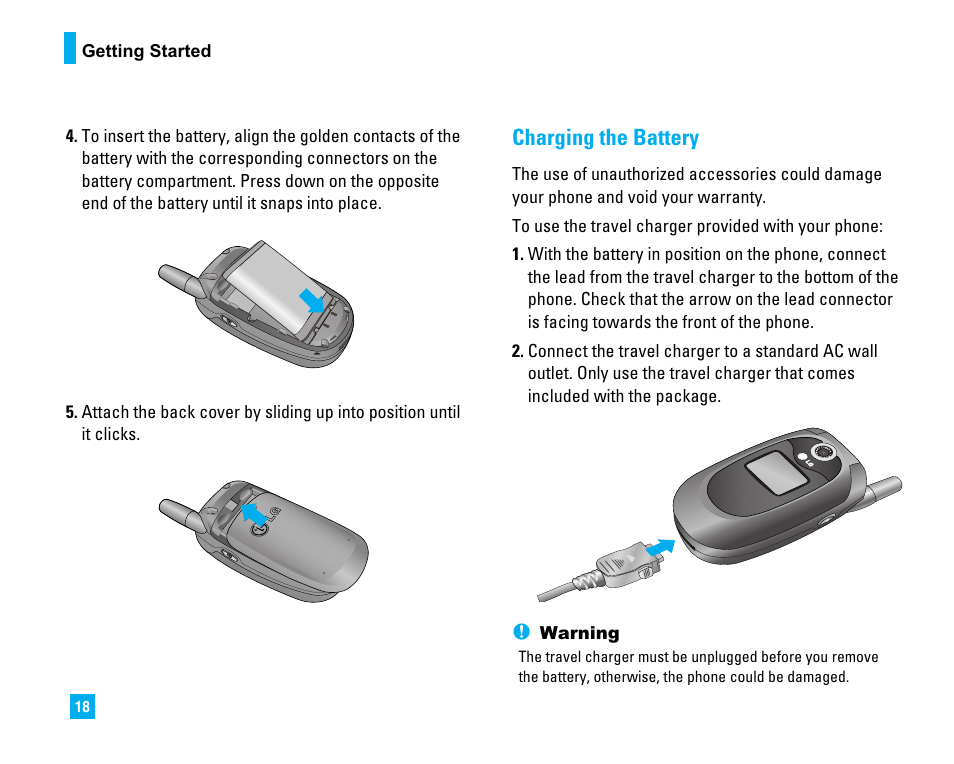 Charging the battery | LG LG225 User Manual | Page 22 / 182