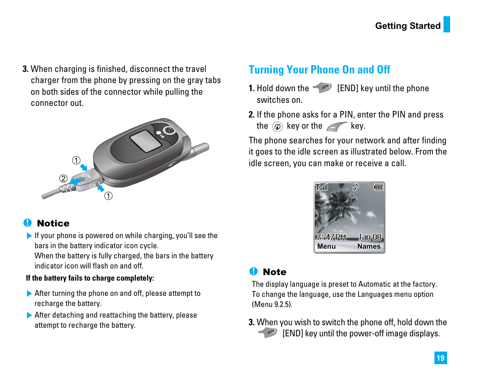 Turning your phone on and off | LG LG225 User Manual | Page 23 / 182