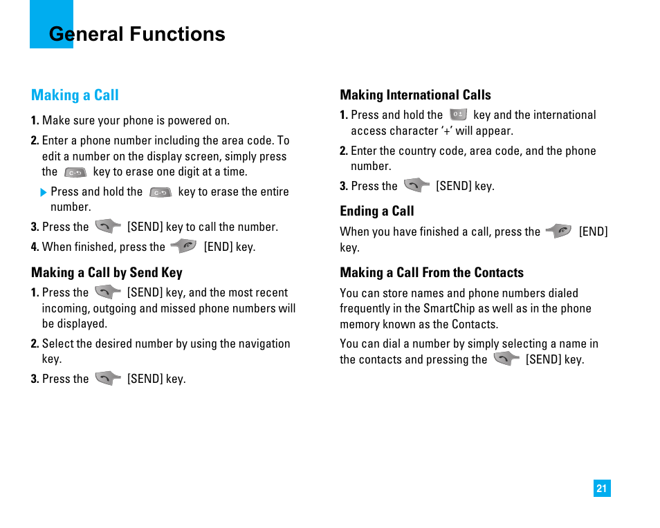General functions, Making a call | LG LG225 User Manual | Page 25 / 182