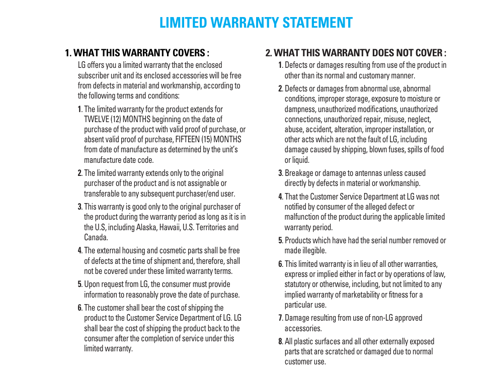 Limited warranty statement | LG LG225 User Manual | Page 3 / 182