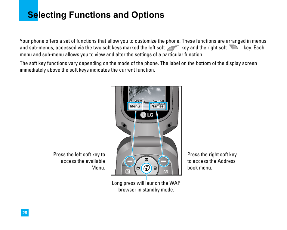 Selecting functions and options | LG LG225 User Manual | Page 30 / 182