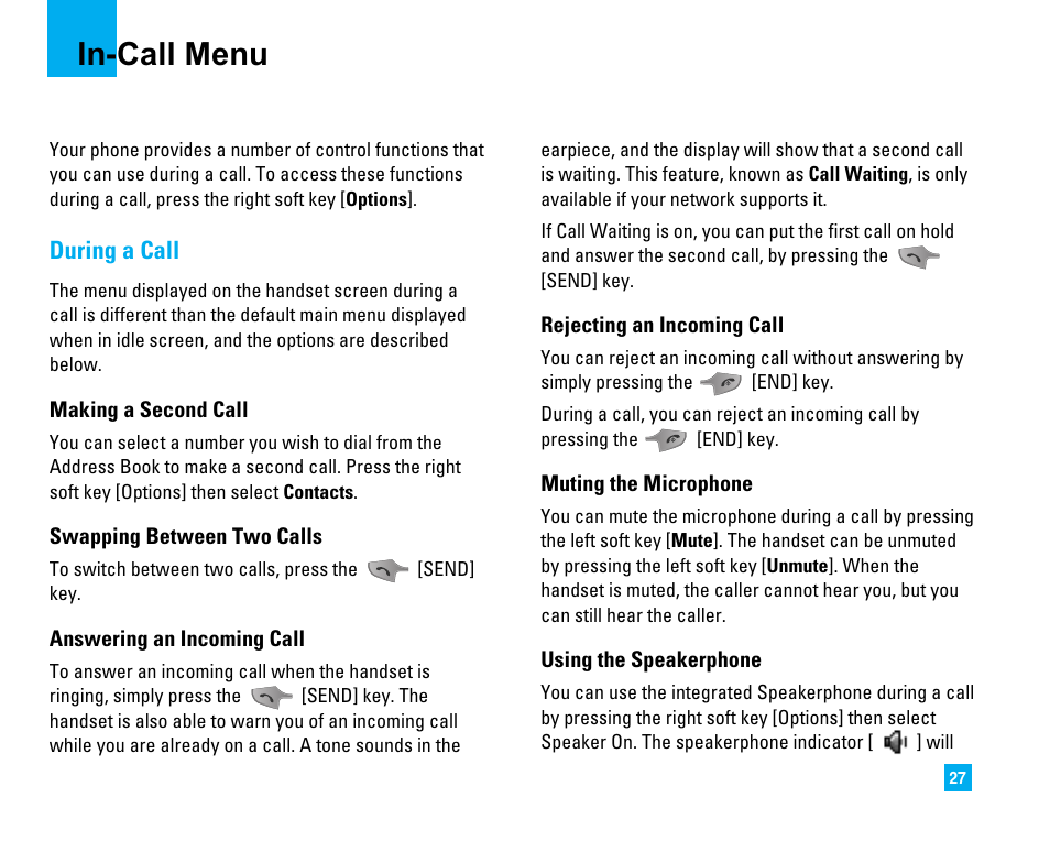 In-call menu, During a call | LG LG225 User Manual | Page 31 / 182