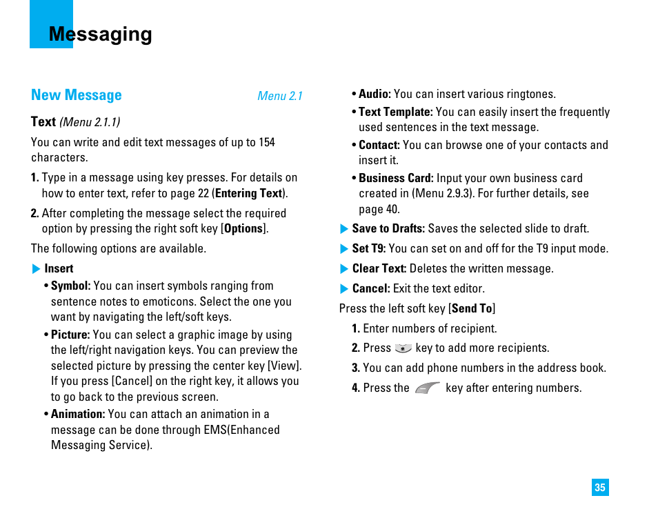 Messaging, New message | LG LG225 User Manual | Page 39 / 182