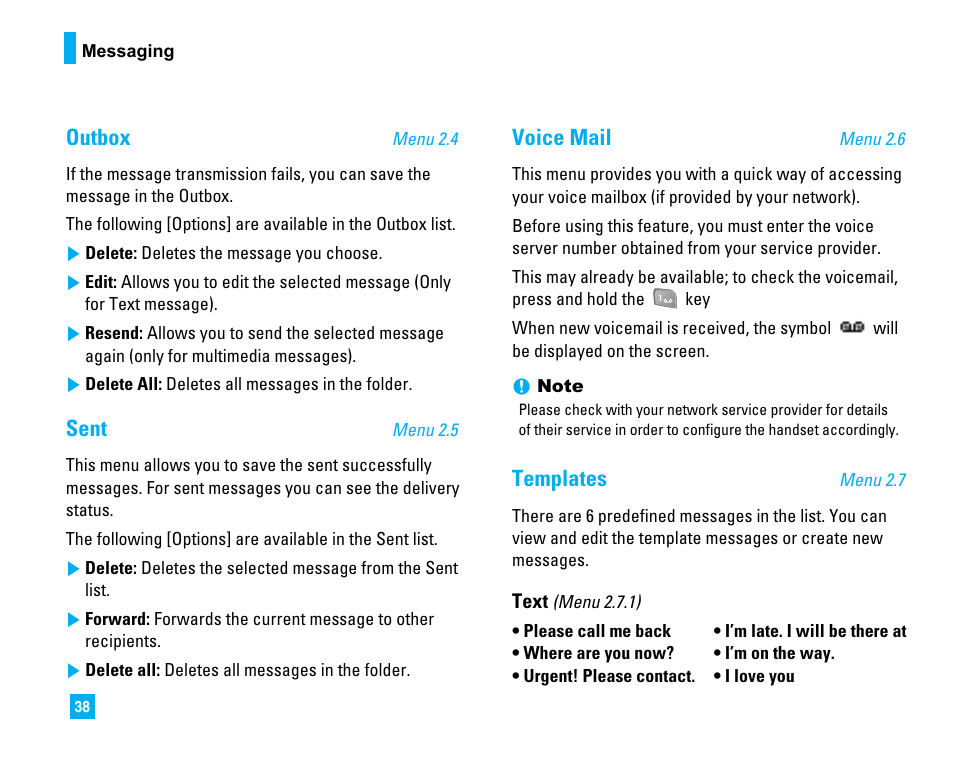 Outbox, Sent, Voice mail | Templates | LG LG225 User Manual | Page 42 / 182