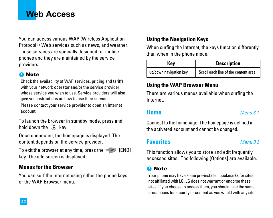 Web access, Home, Favorites | LG LG225 User Manual | Page 46 / 182