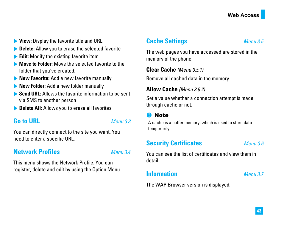 Go to url, Network profiles, Cache settings | Security certificates, Information | LG LG225 User Manual | Page 47 / 182