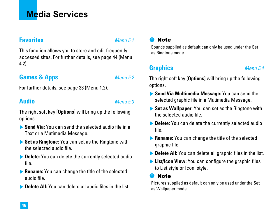 Media services, Favorites, Games & apps | Audio, Graphics | LG LG225 User Manual | Page 50 / 182