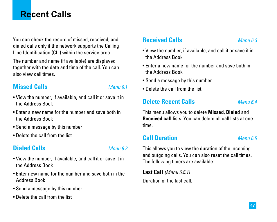 Recent calls, Missed calls, Dialed calls | Received calls, Delete recent calls, Call duration | LG LG225 User Manual | Page 51 / 182