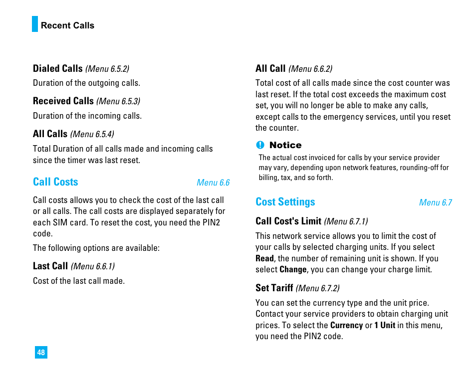 Call costs, Cost settings | LG LG225 User Manual | Page 52 / 182