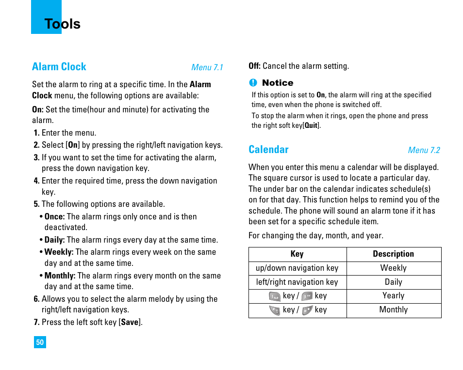 Tools, Alarm clock, Calendar | LG LG225 User Manual | Page 54 / 182