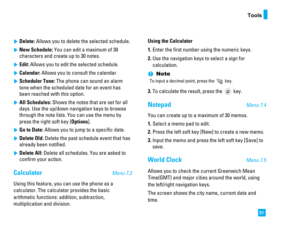 Calculator, World clock | LG LG225 User Manual | Page 55 / 182