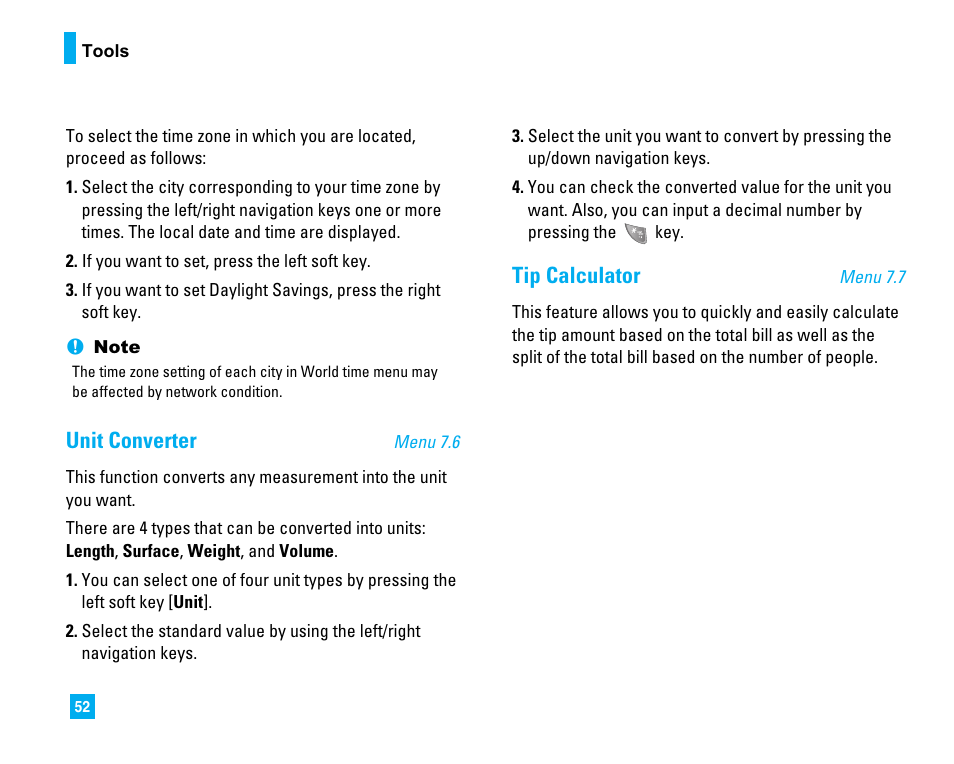 Unit converter, Tip calculator | LG LG225 User Manual | Page 56 / 182