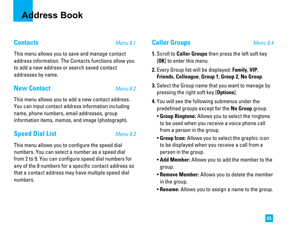 Address book, Contacts, New contact | Speed dial list, Caller groups | LG LG225 User Manual | Page 57 / 182