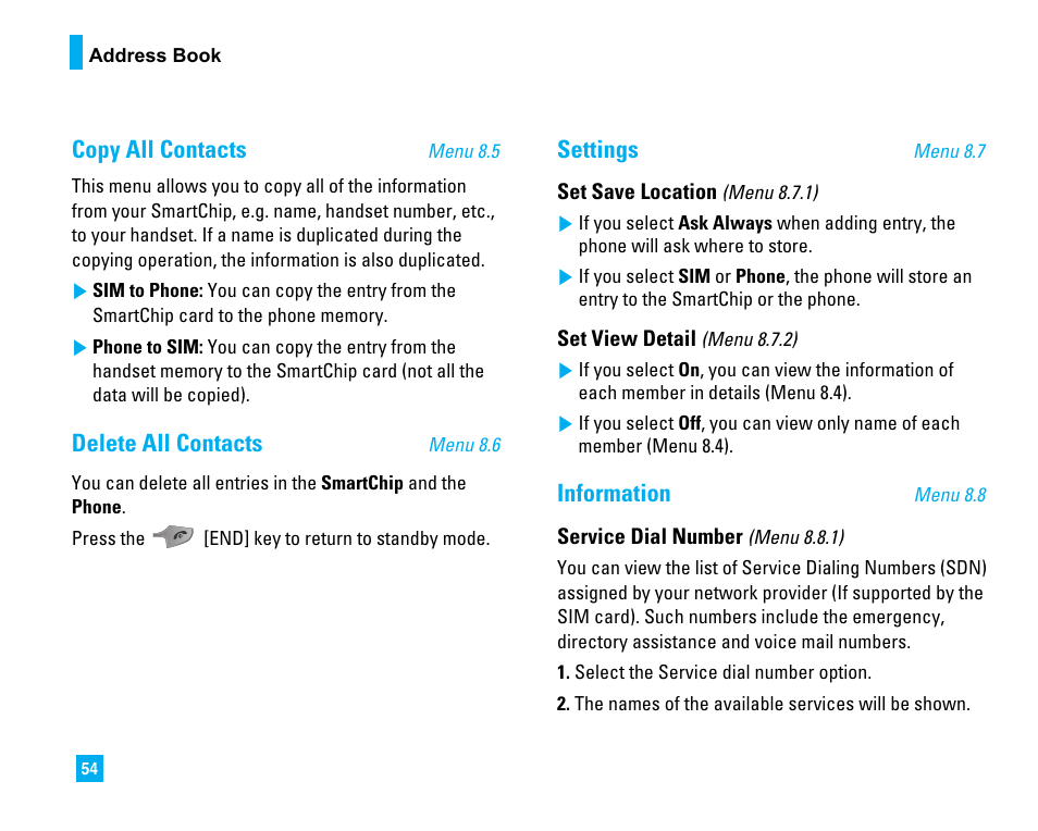 Copy all contacts, Delete all contacts, Settings | Information | LG LG225 User Manual | Page 58 / 182