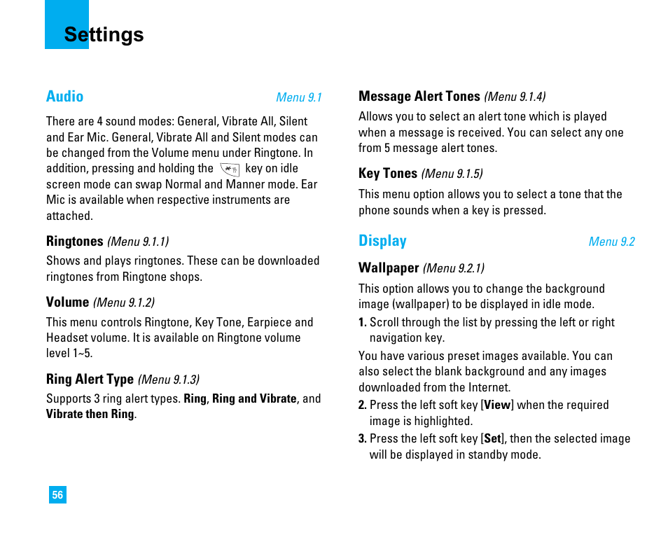 Settings, Audio, Display | LG LG225 User Manual | Page 60 / 182