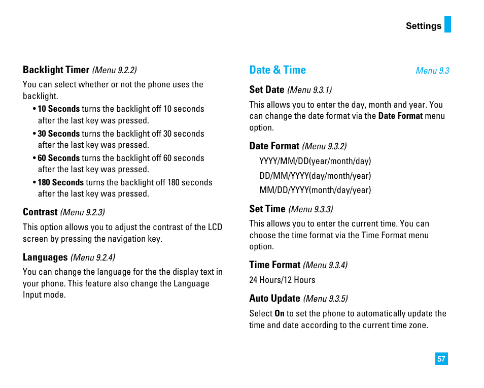 Date & time | LG LG225 User Manual | Page 61 / 182