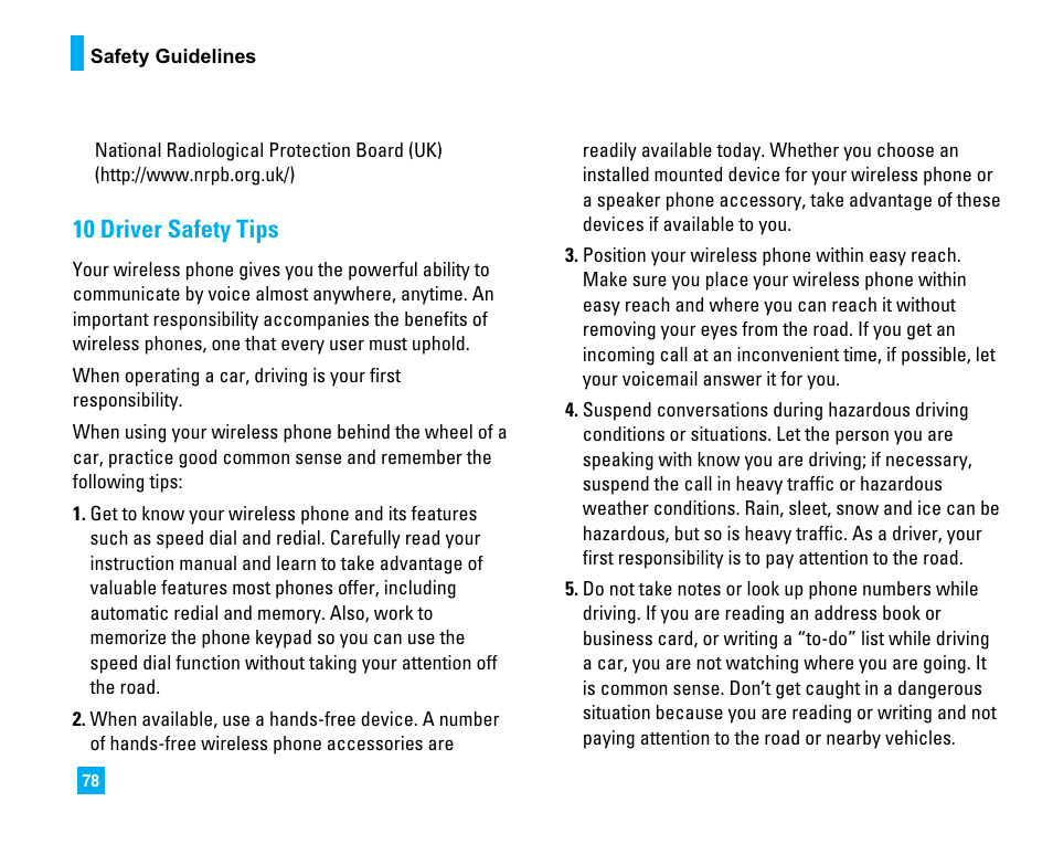 10 driver safety tips | LG LG225 User Manual | Page 82 / 182