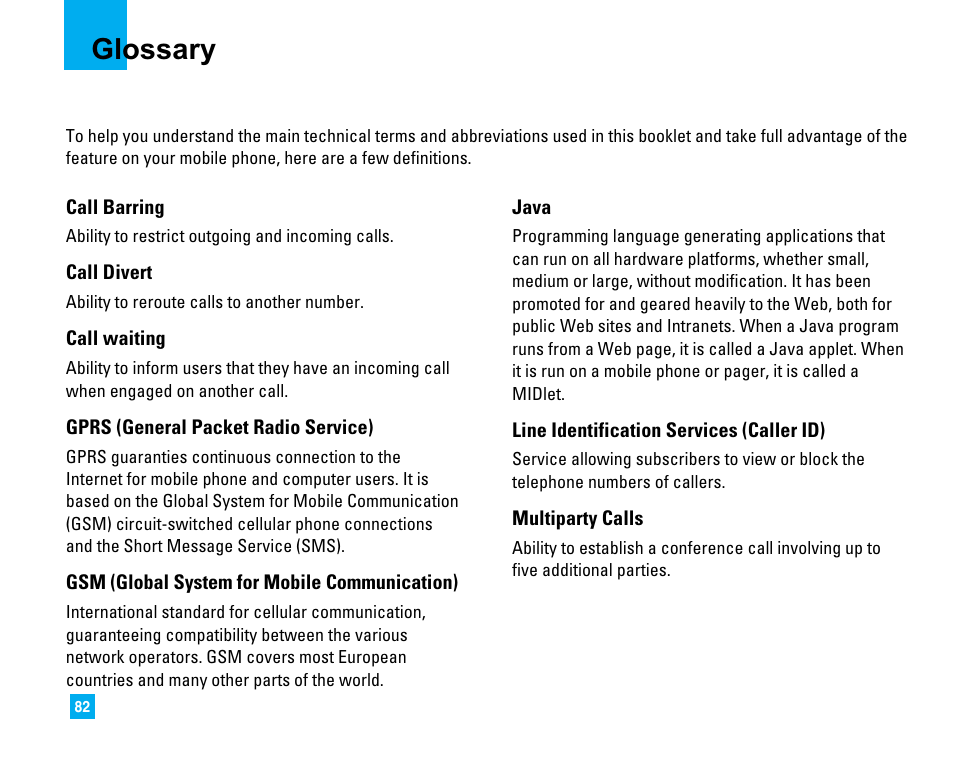 Glossary | LG LG225 User Manual | Page 86 / 182