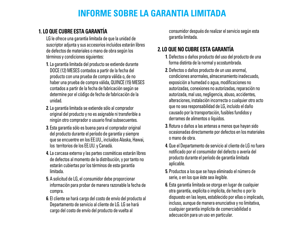 Informe sobre la garantia limitada | LG LG225 User Manual | Page 89 / 182