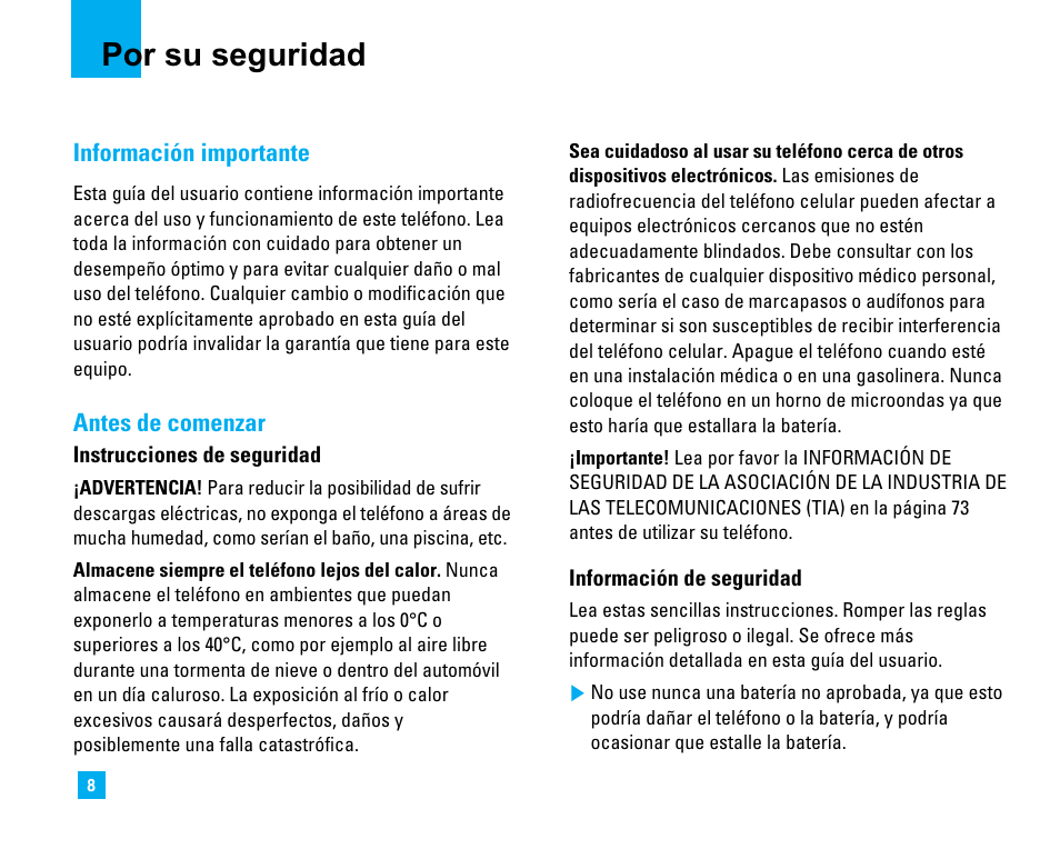 Por su seguridad | LG LG225 User Manual | Page 98 / 182