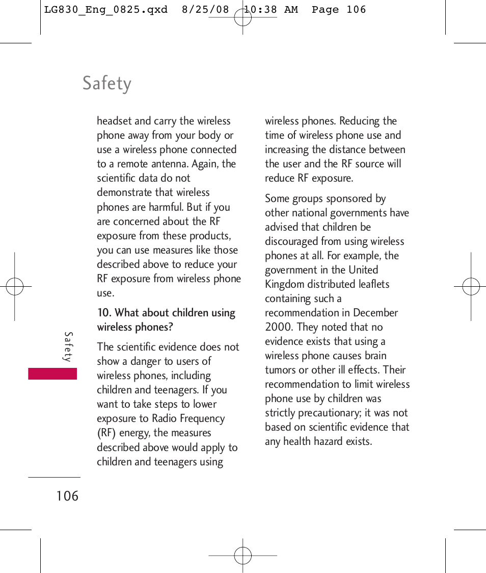 Safety | LG LG830 User Manual | Page 108 / 255